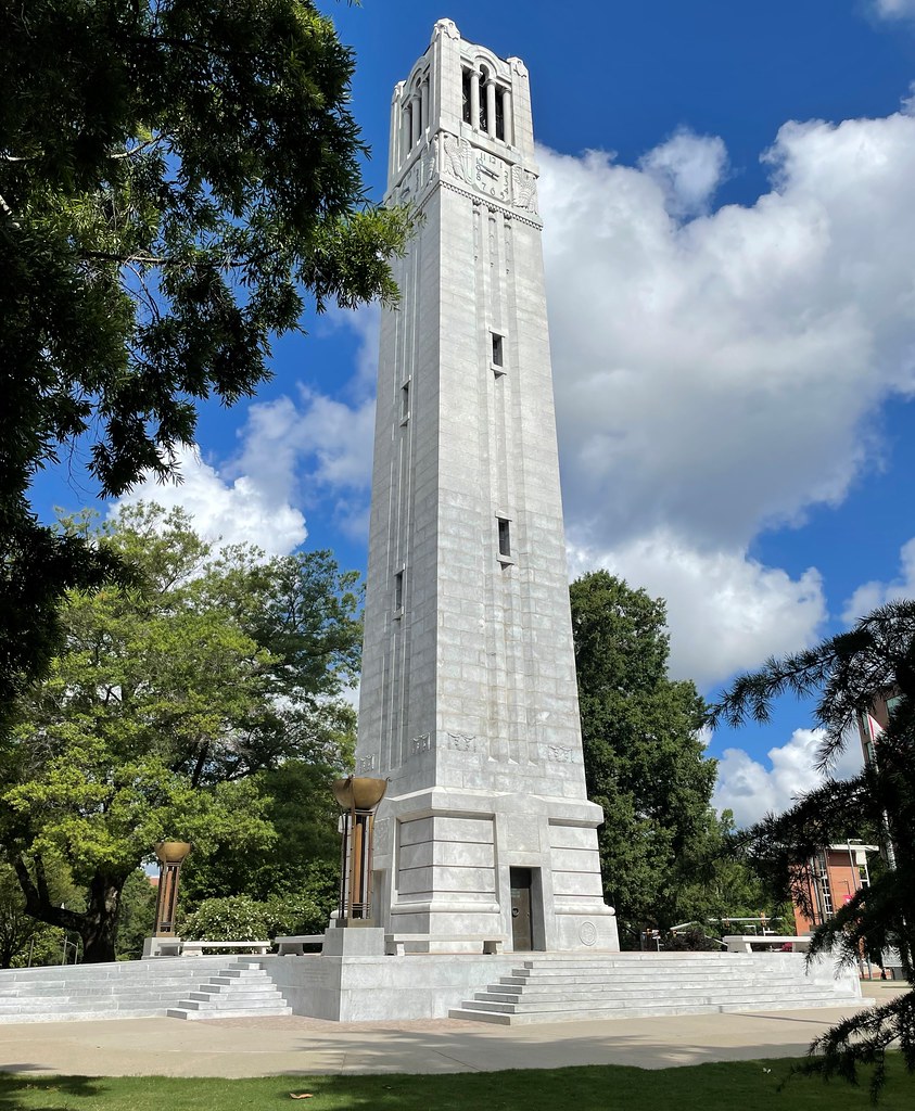 The Memorial Belltower at NC State University, a landmark of Raleigh's academic culture