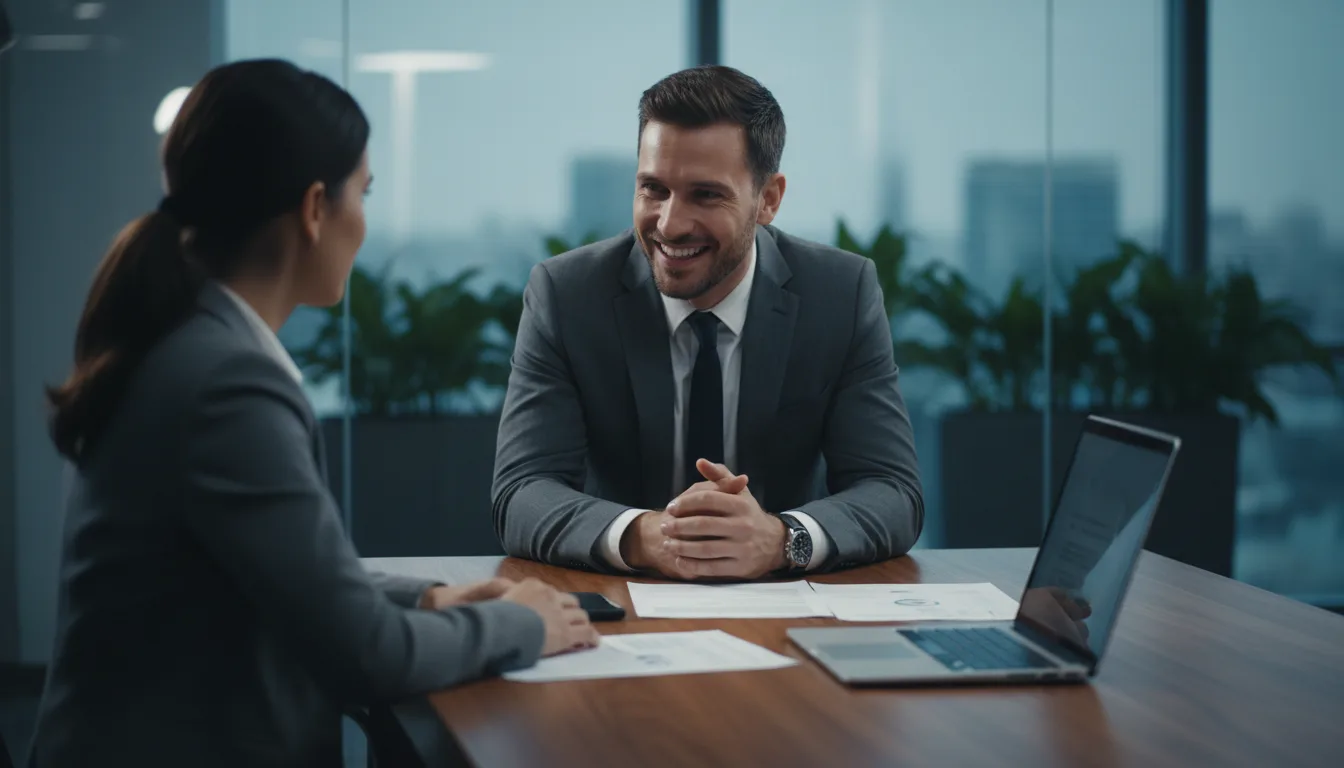 A professional medium shot of a mortgage lender sitting at a wooden desk with a client, but the lender's smile looks slightly predatory and insincere, cinematic lighting, corporate setting.