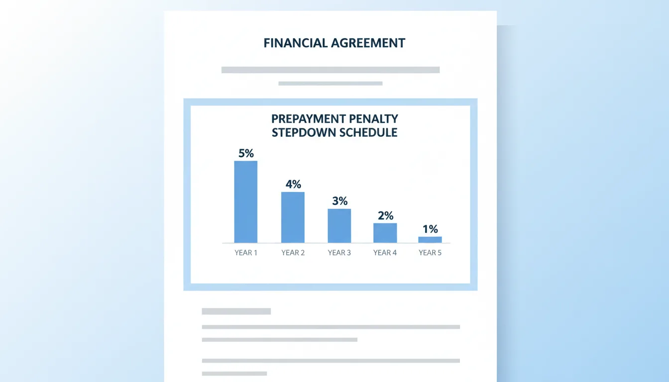 A clean minimal flat illustration of a five-year prepayment penalty stepdown schedule starting at 5% in year 1 and declining 1% per year to 1% in year 5