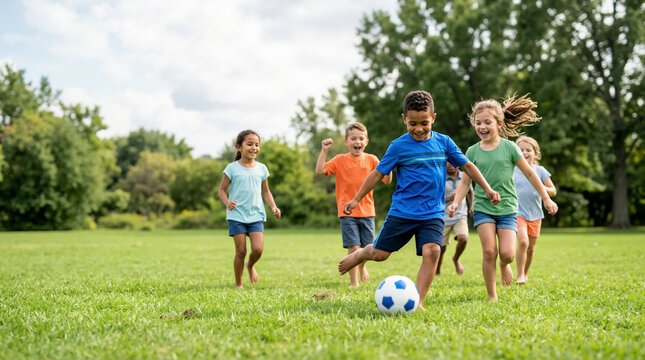 Children running and playing on a green park field