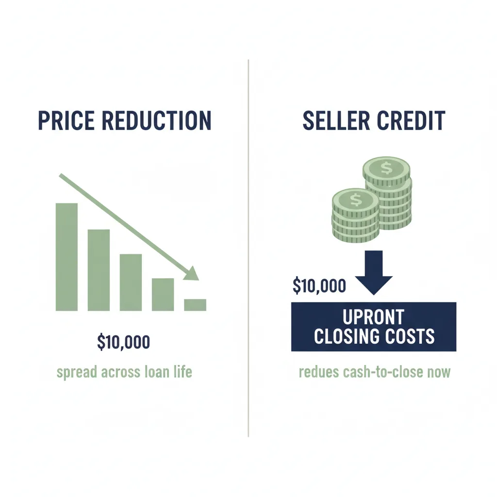 A side-by-side comparison of a $10,000 price reduction versus a $10,000 seller credit. The price reduction lowers the financed amount spread across the life of the loan; the seller credit can reduce eligible upfront closing costs dollar-for-dollar, subject to loan and program limits.