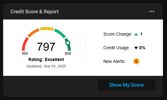 A credit score dashboard showing a significant increase in the score chart.