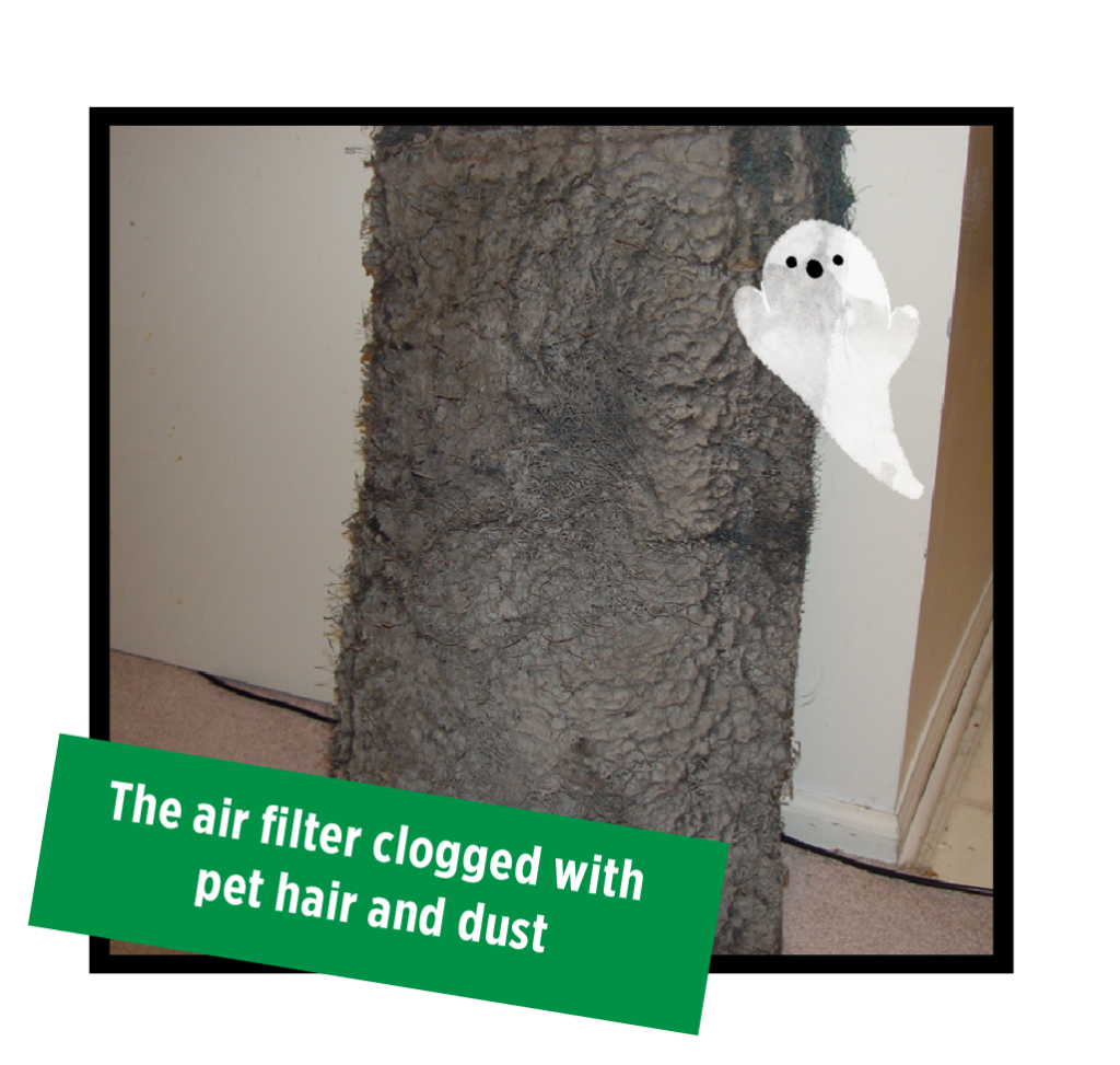 A clean white pleated air filter beside a dust-clogged gray one, the visible barrier restricting HVAC airflow