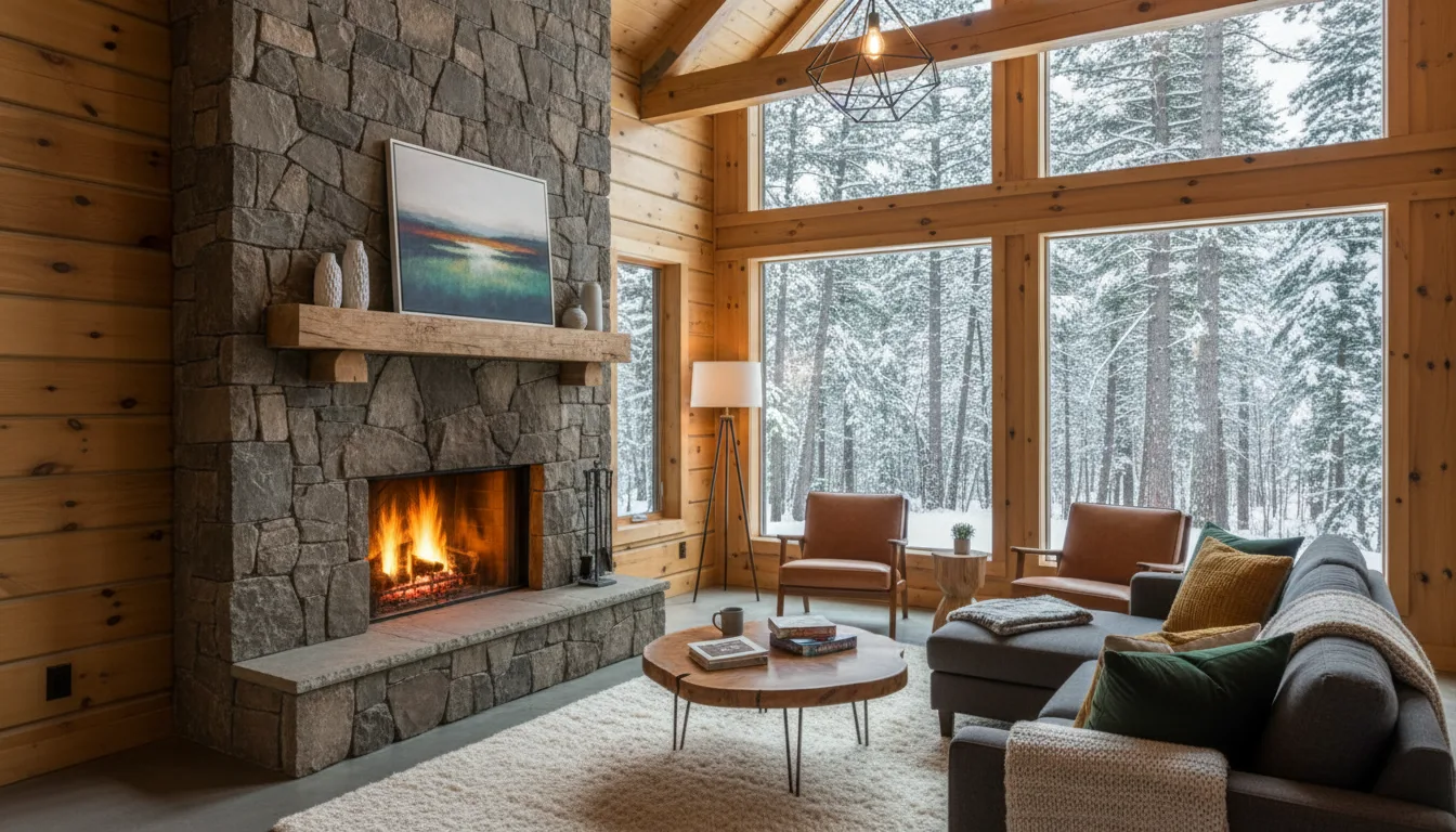 A cozy modern Poconos cabin living room with a stone fireplace