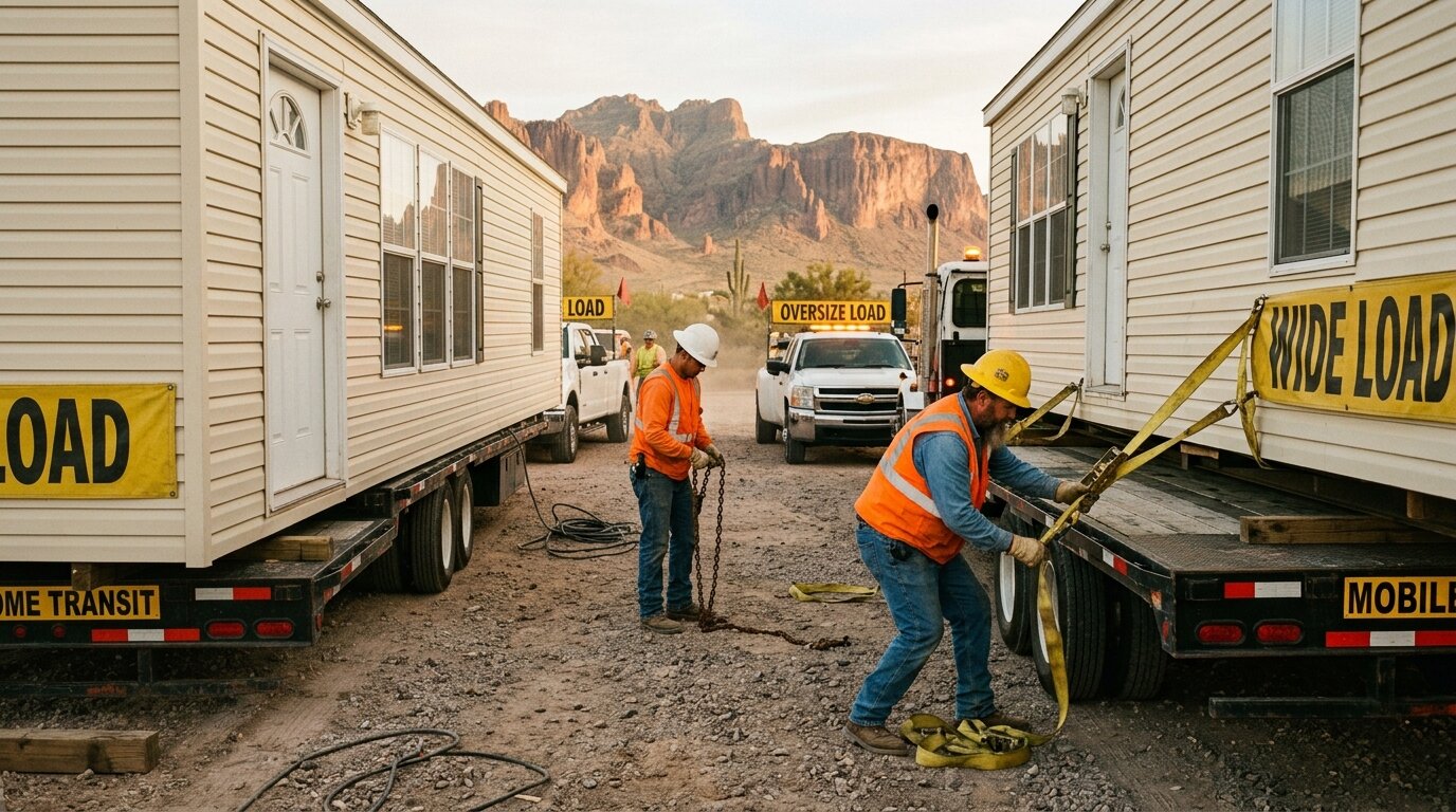 manufactured home being moved on a truck re-siting
