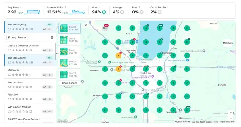 Dashboard view of local SEO metrics and map-based ranking visibility