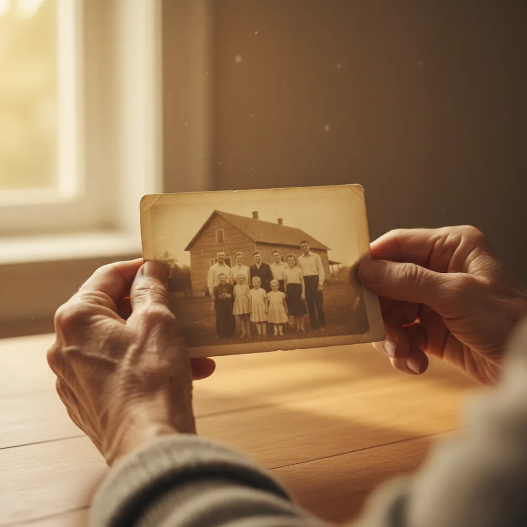 Close-up photo of weathered hands gently holding a faded vintage family photograph, soft warm window light