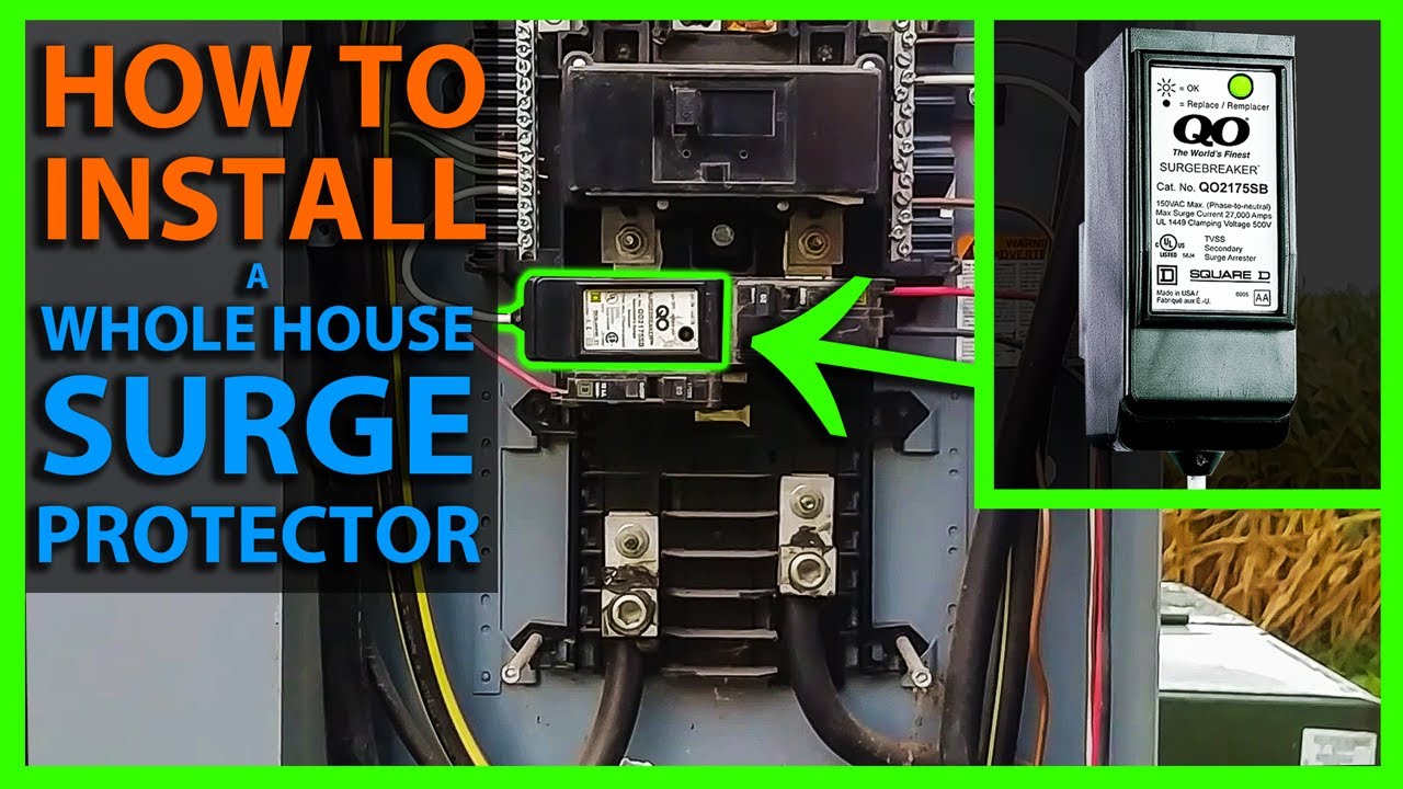 A whole-home surge protector mounted beside a residential electrical panel
