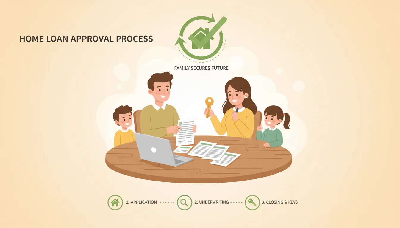 An infographic-style illustration showing a family reviewing mortgage paperwork at a table, soft warm tones