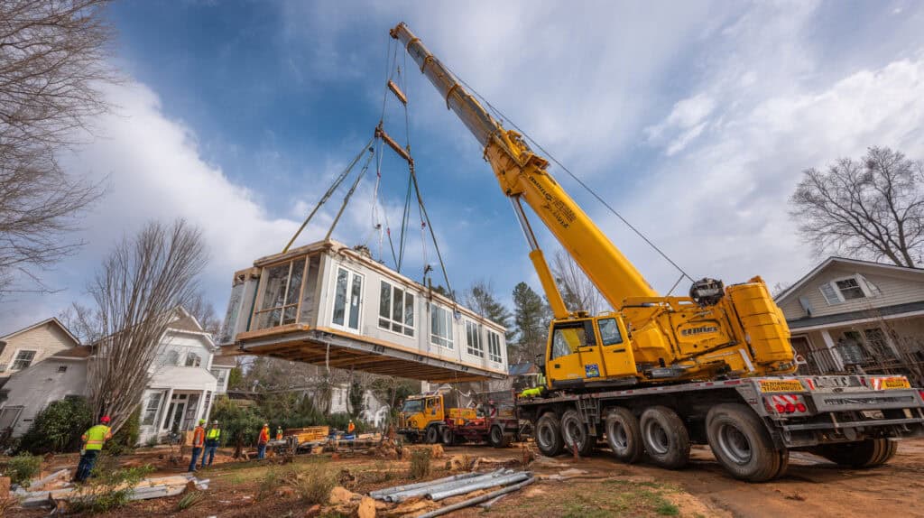 Step-by-step assembly of a modular home being craned onto its foundation