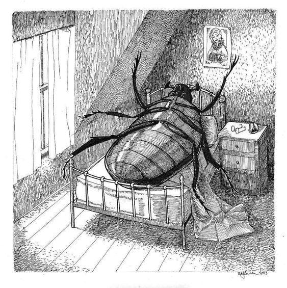 Illustration of Gregor Samsa's transformation into a beetle