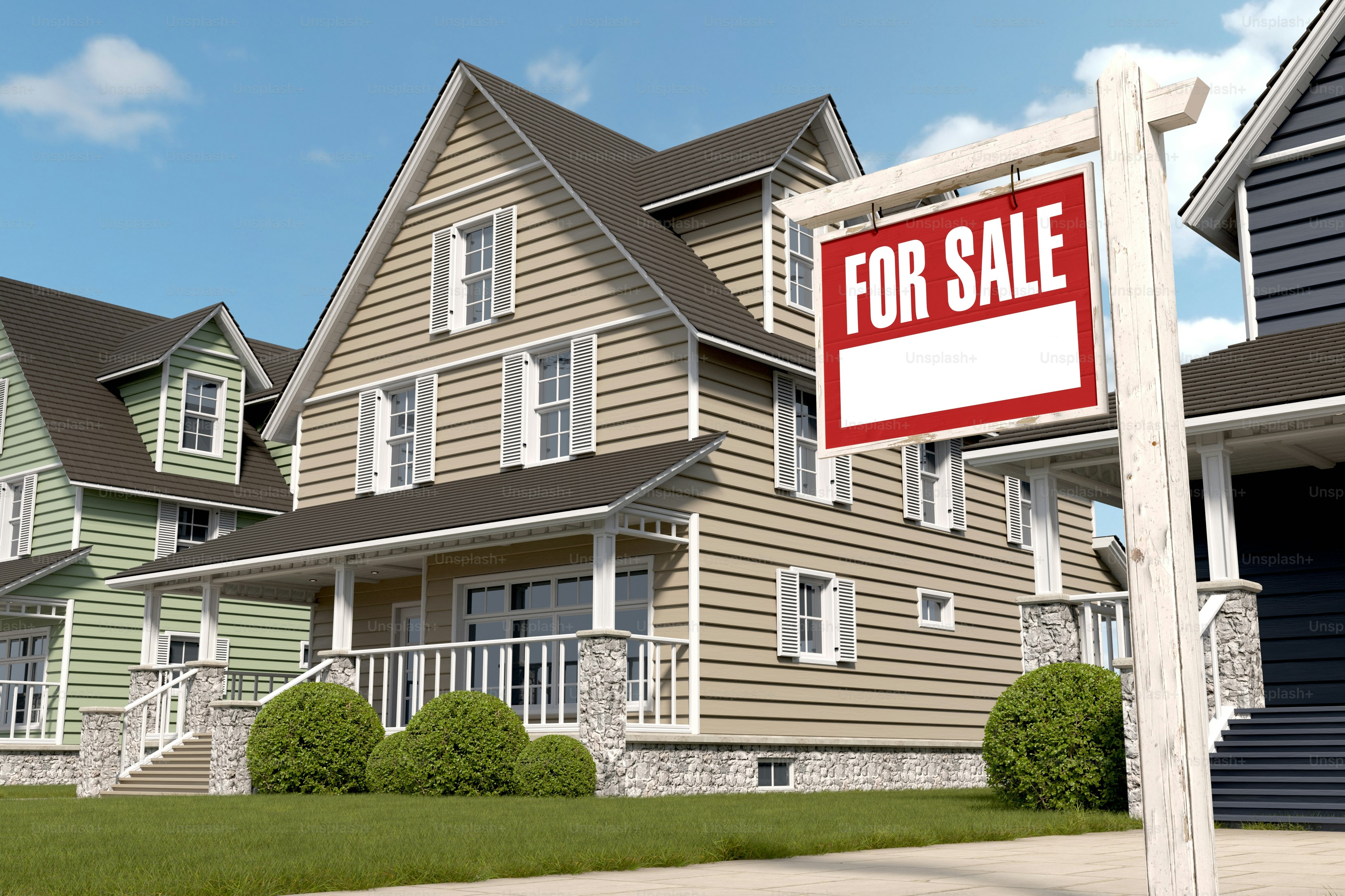 house for sale sign suburban neighborhood
