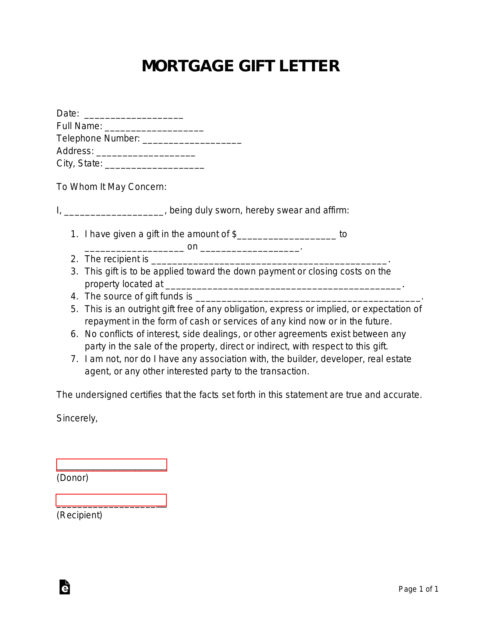 Gift letter document for mortgage down payment