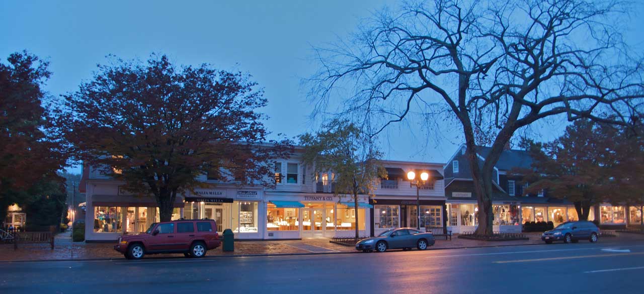 downtown main street shops evening