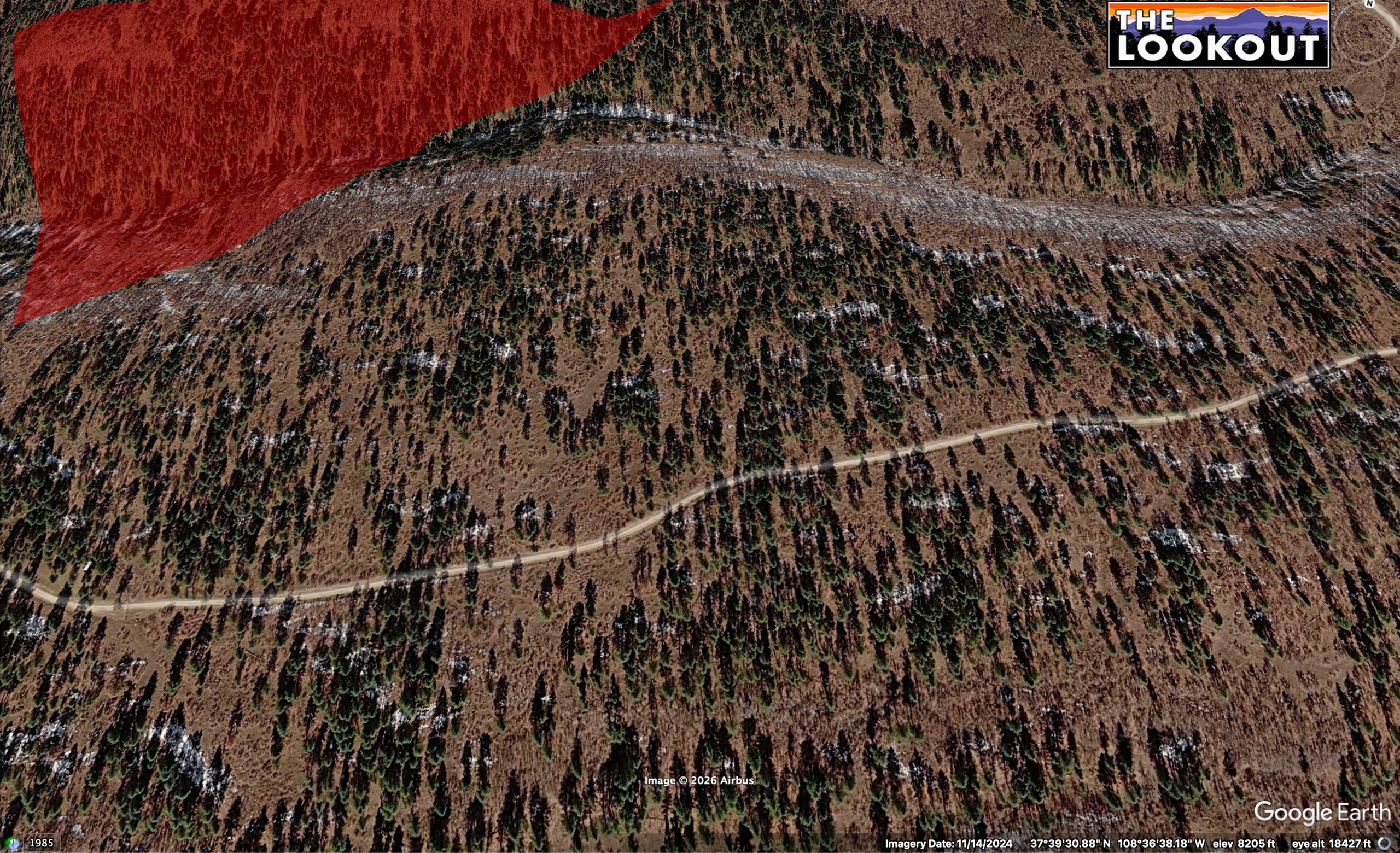 Aerial view of wildfire burn scar in the Colorado mountains showing impact of 2026 fires