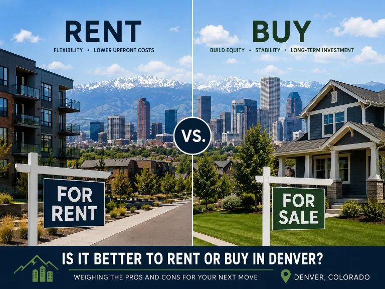 Denver skyline with rent vs buy comparison graphics