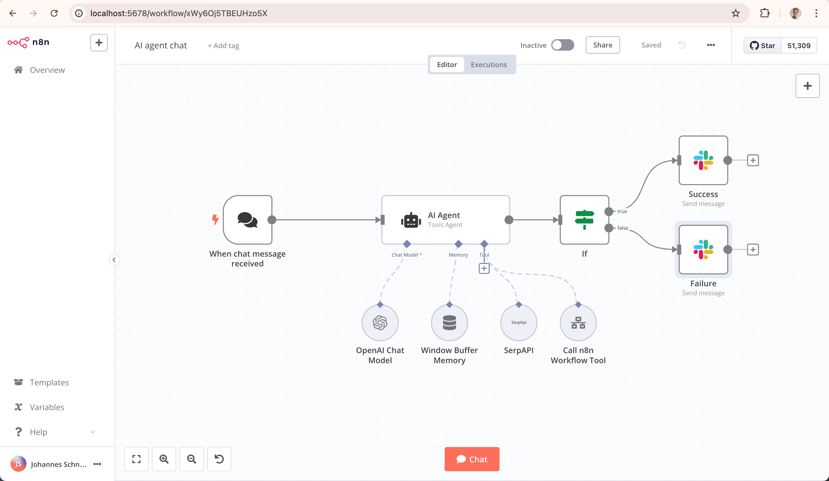 n8n visual workflow showing an alert webhook connected to an AI agent and Mattermost notification