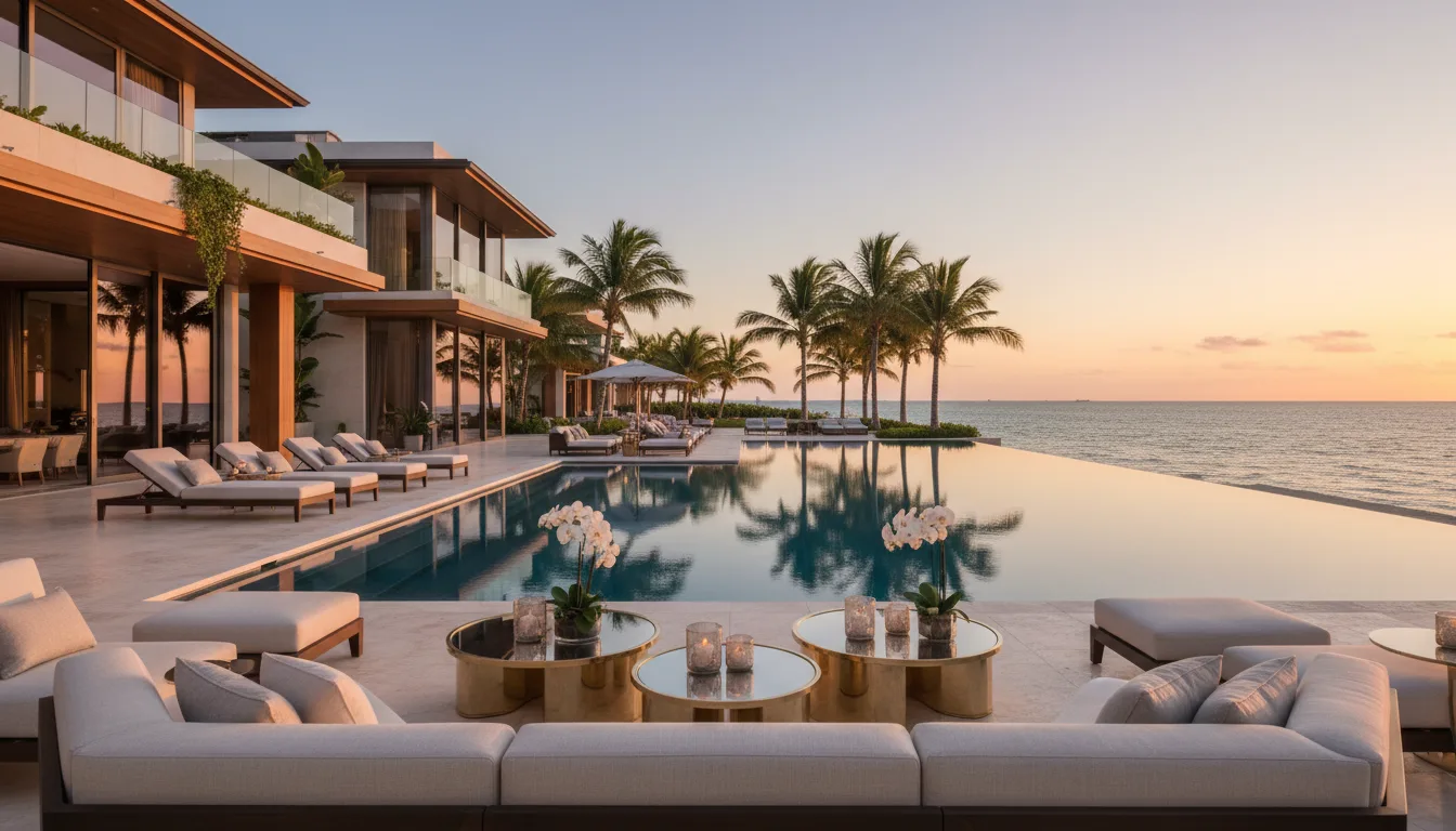 A luxury resort-style beachfront lounge area with palm trees