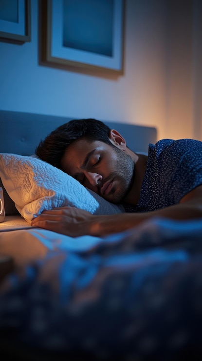 peaceful man sleeping in bed at night