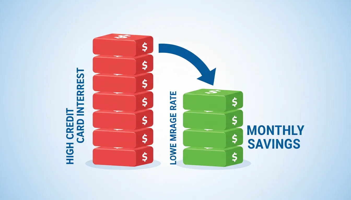 A flat-design illustration contrasting a tall high-interest payment column against a shorter mortgage payment column