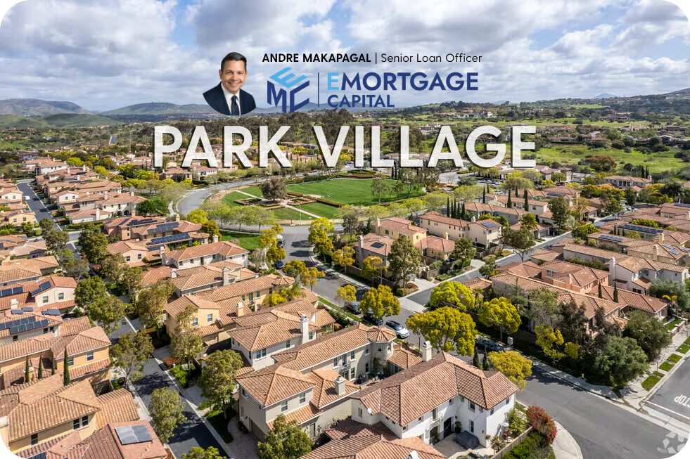 Andre Makapagal, Senior Loan Officer, smiling, with an aerial view of Park Village neighborhood in Rancho Penasquitos.