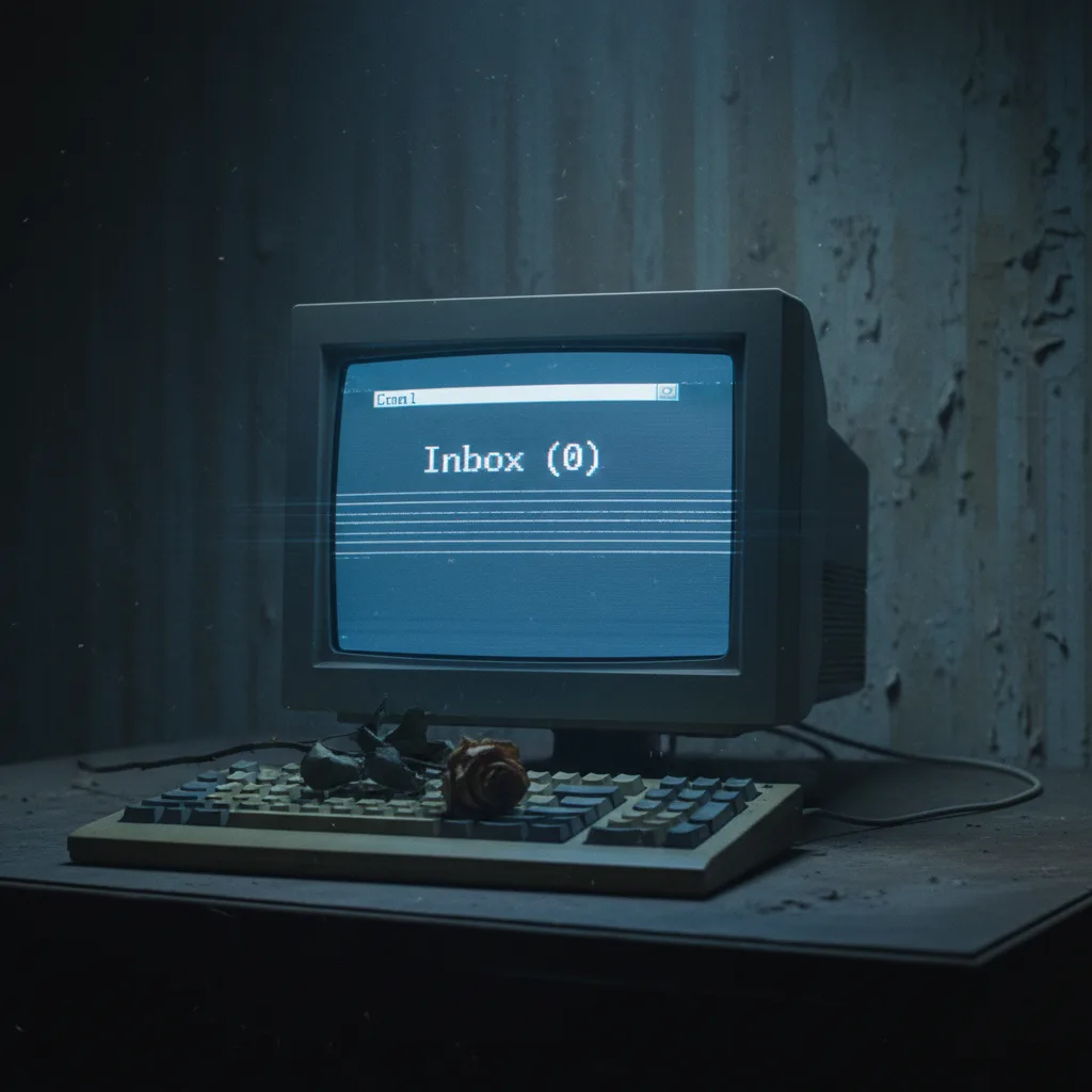 A dark, cinematic still of a vintage 1990s beige computer monitor in a dimly lit room. The screen displays a primitive email inbox with 'Inbox (0)' and static distortion. A single wilted rose lies on the keyboard. 8k resolution, photorealistic but moody, cool blue and grey tones.