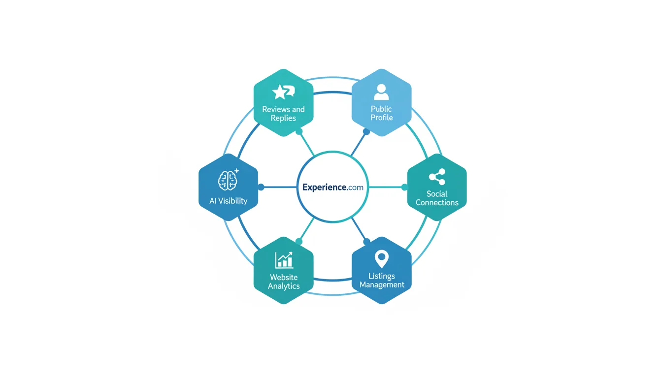 A clean infographic showing the six Experience.com visibility pillars: Reviews and Replies, Public Profile, Social Connections, Listings Management, Website Analytics (SEO), and AI Visibility - each as an interconnected node forming a complete digital footprint