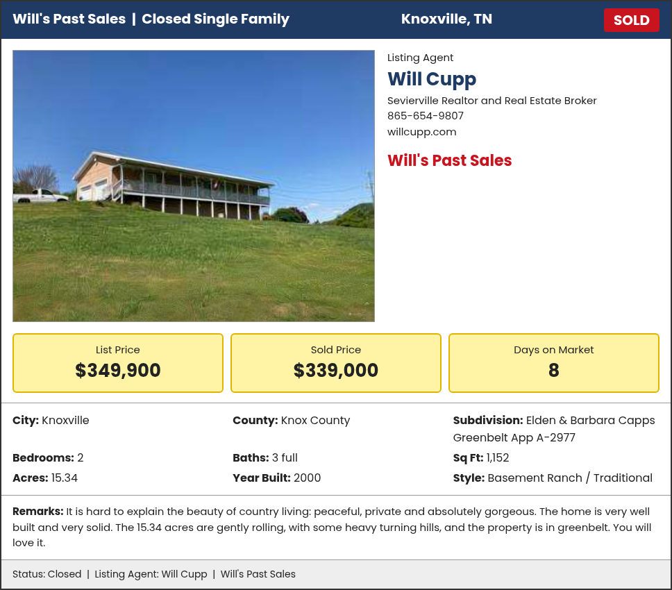 Will's Past Sales: SOLD in Knoxville, Knox County, TN. Listed at $349,900, sold for $339,000, 8 days on market. Listing agent Will Cupp.