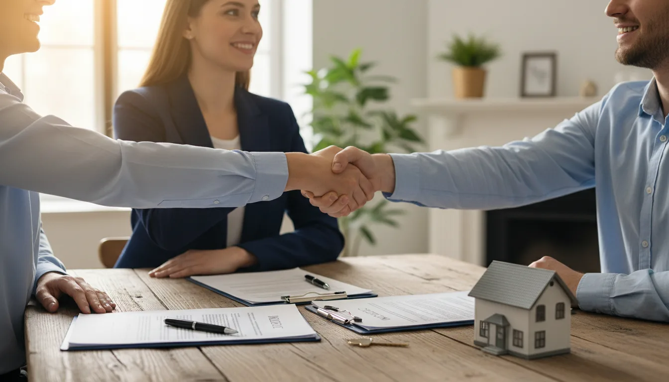 Real estate agent and buyer shaking hands over a contract signing, with a key and house model