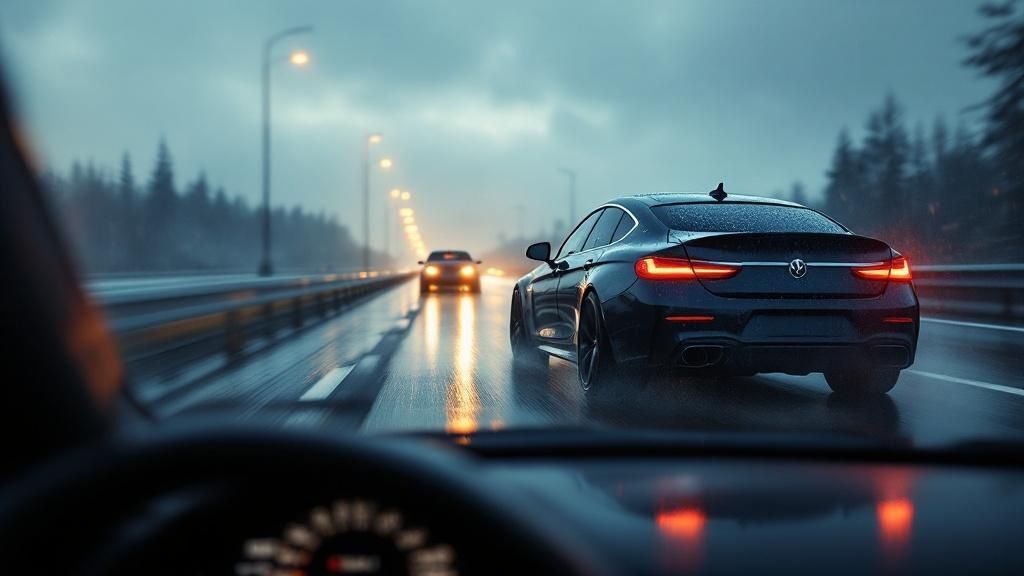 A misty Eugene morning over the rain-slicked highway
