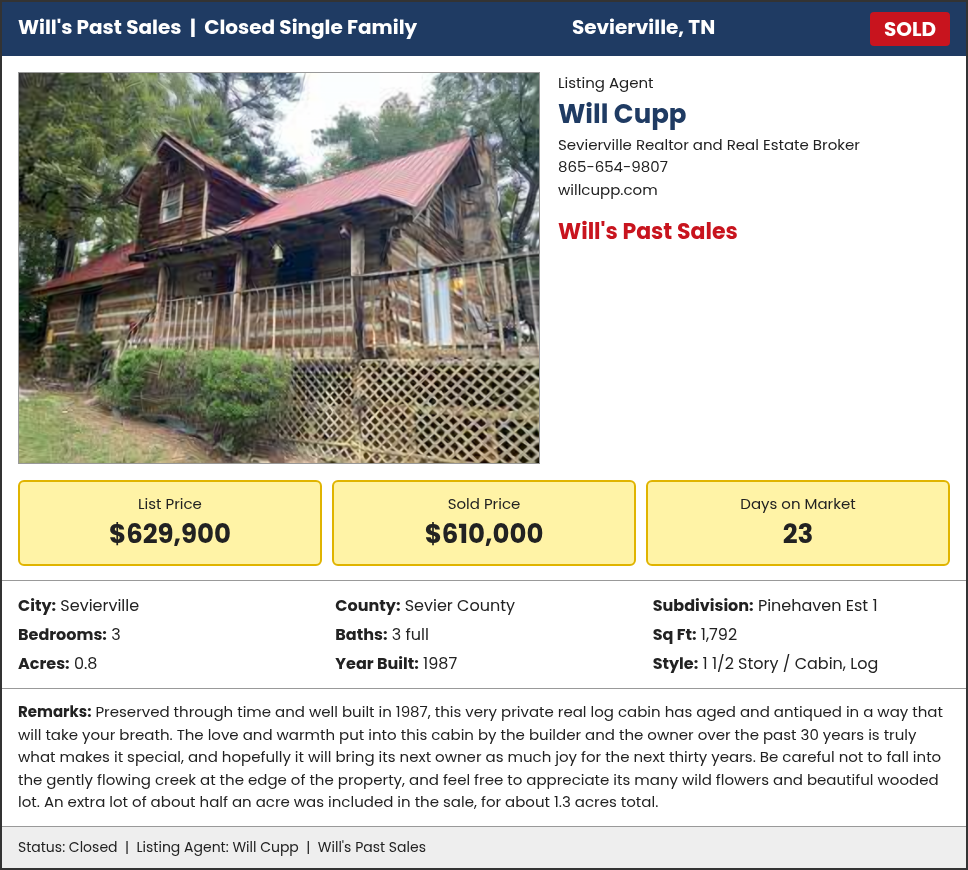 Will's Past Sales: SOLD in Sevierville, Sevier County, TN. Listed at $629,900, sold for $610,000, 23 days on market. Listing agent Will Cupp.