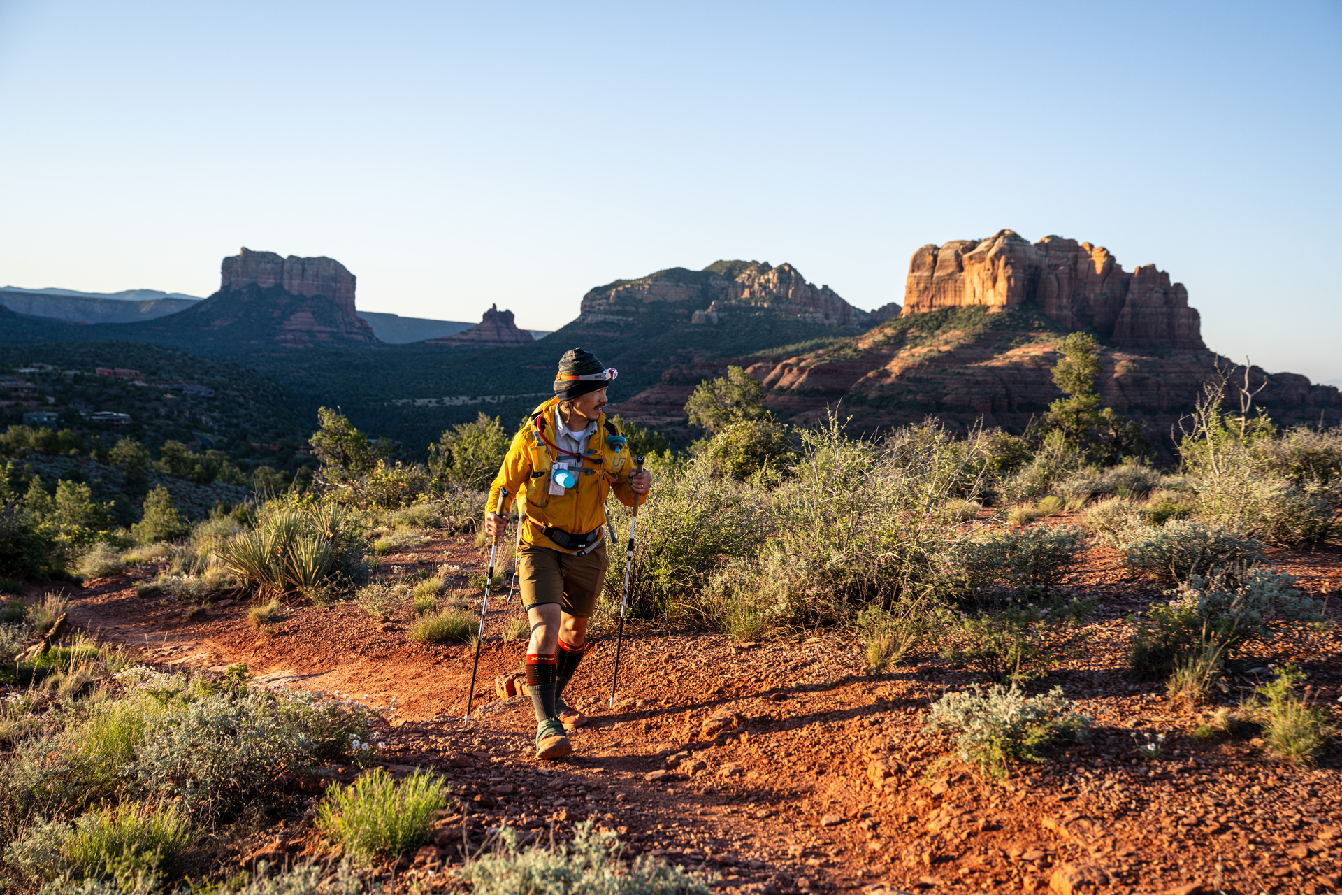 A trail runner navigates the technical terrain of the Arizona desert during the Cocodona 250.