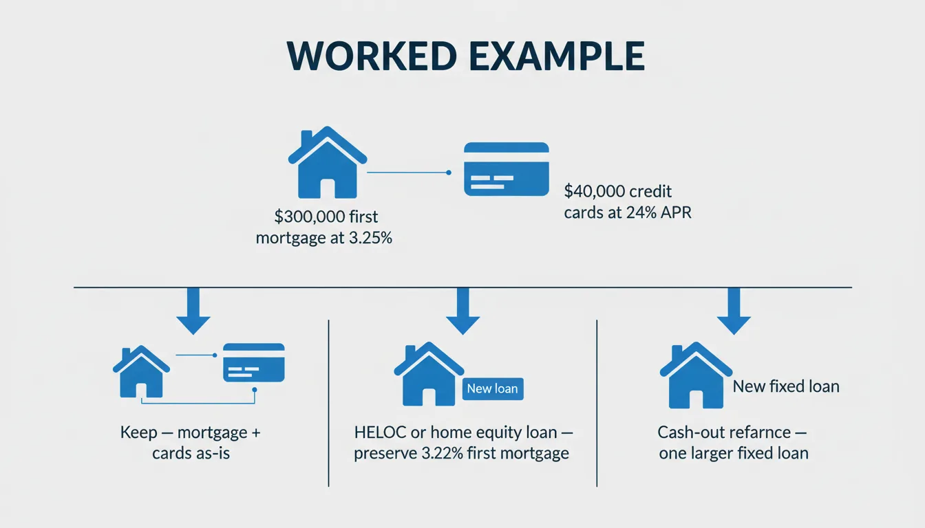 Worked-example infographic: a $300,000 mortgage at 3.25% plus $40,000 in credit cards at 24% APR, branching into the three paths — keep as-is, use a HELOC or home equity loan, or cash-out refinance