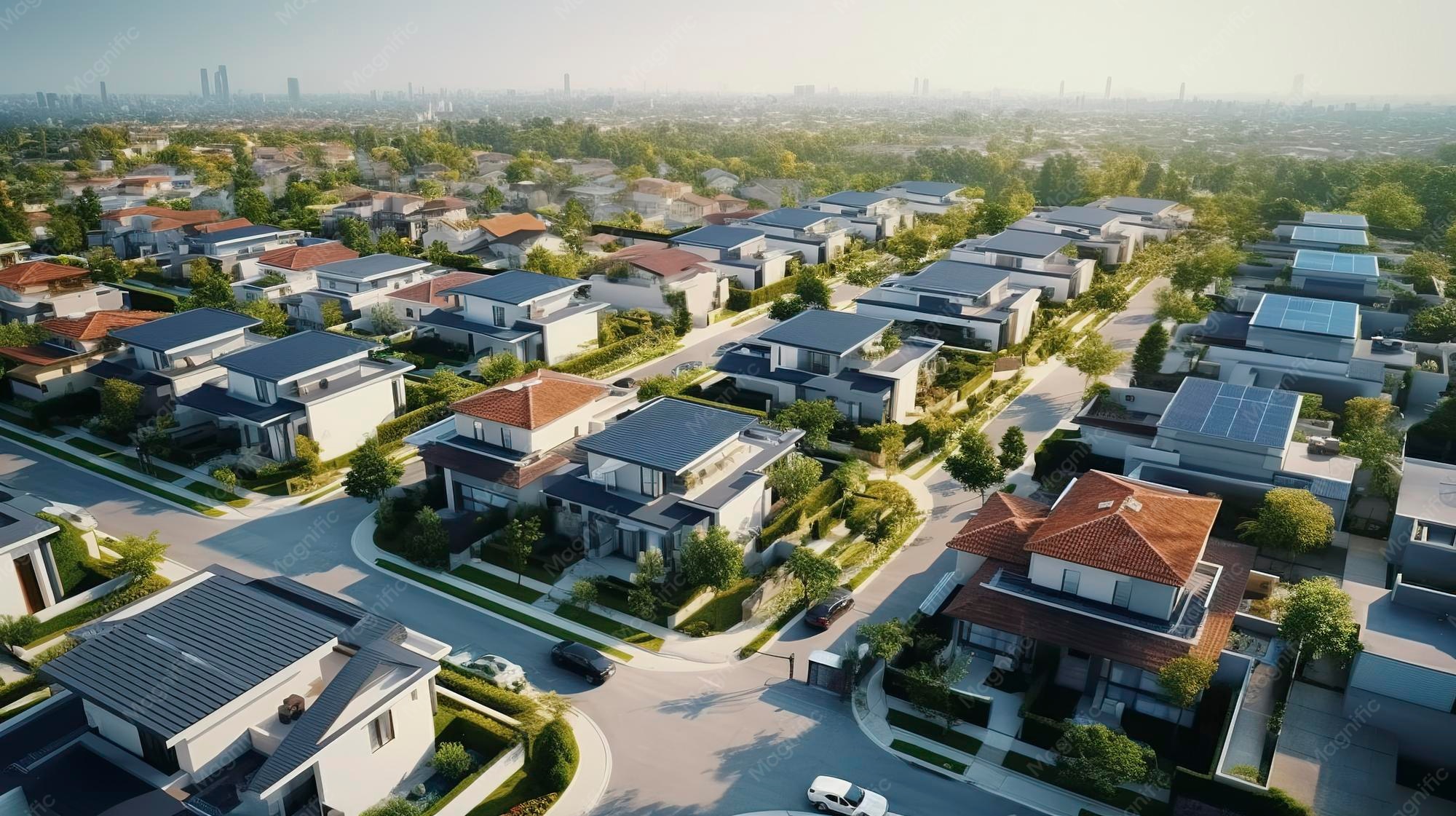 Aerial perspective of a contemporary residential development showing community layout and modern housing architecture