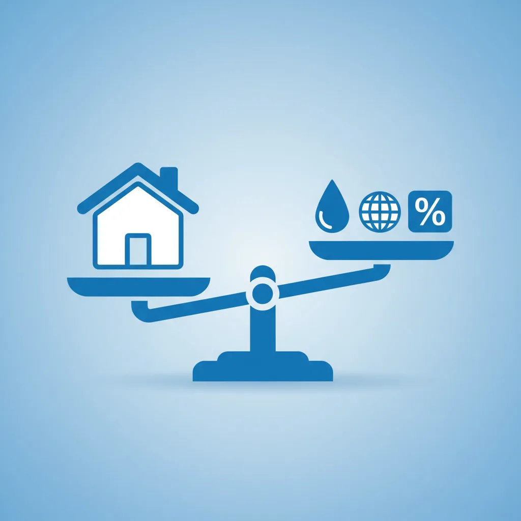 Illustration of scales balancing a house against global oil and inflation symbols