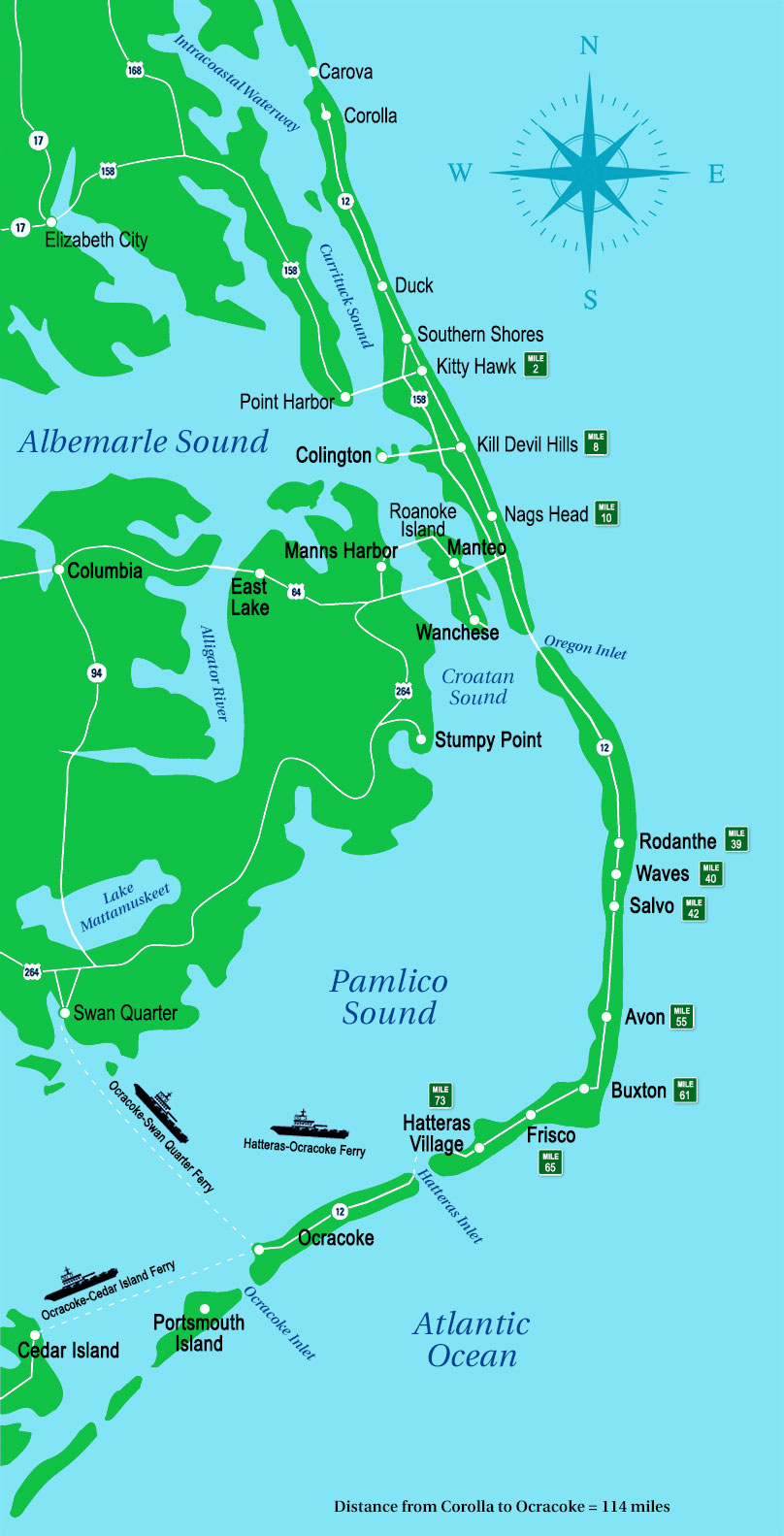 Map of the Outer Banks showing towns like Corolla, Duck, and Nags Head.