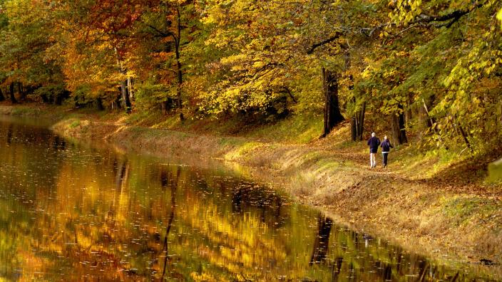 Delaware Canal towpath along the river in autumn