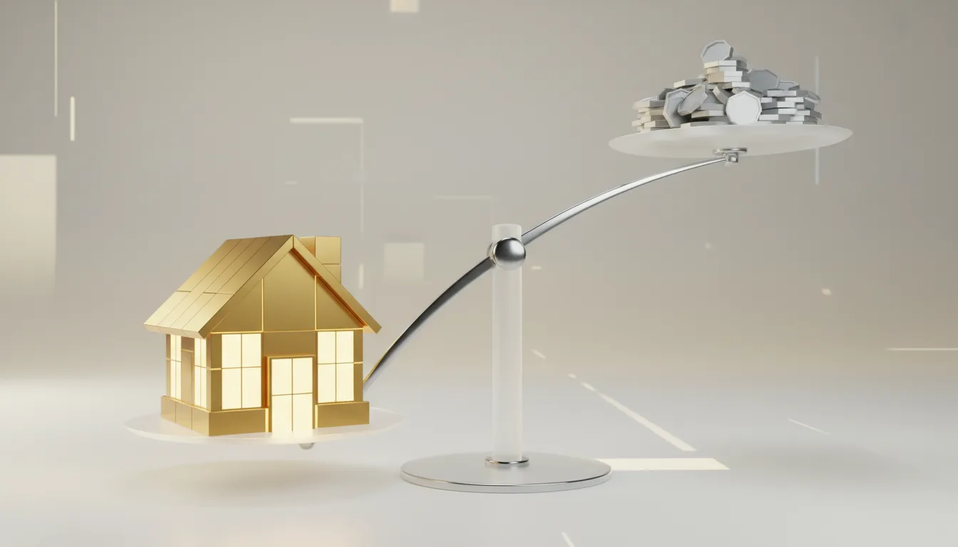 A house outweighing coins on a scale symbolising investment value