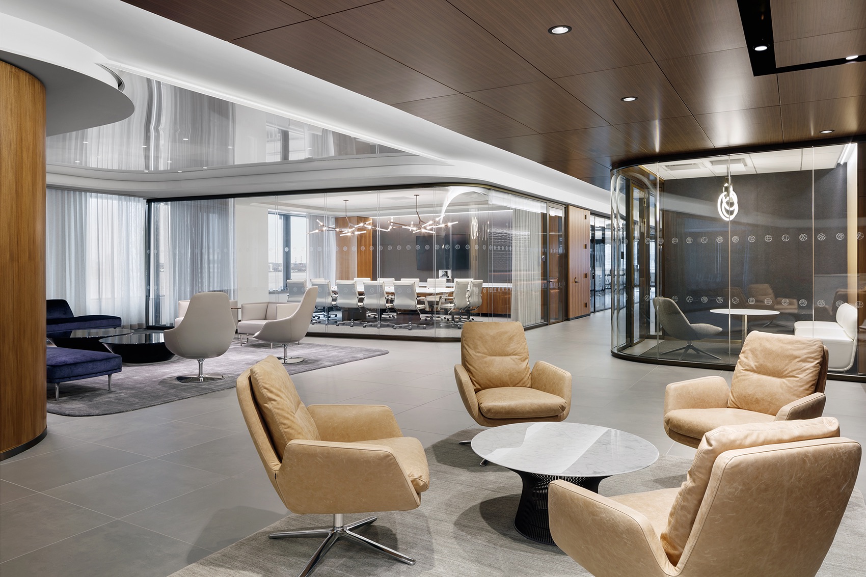 A modern bank mortgage lending office interior with desks and seating