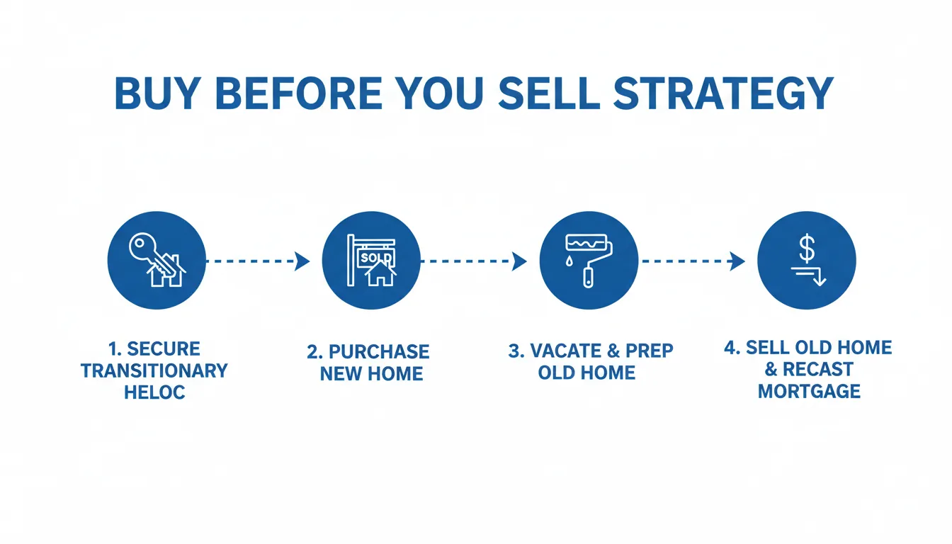 The 'Buy Before You Sell' strategy timeline: 1. Secure HELOC approval, 2. Purchase new home, 3. Vacate & prep old home, 4. Sell old home & recast mortgage.