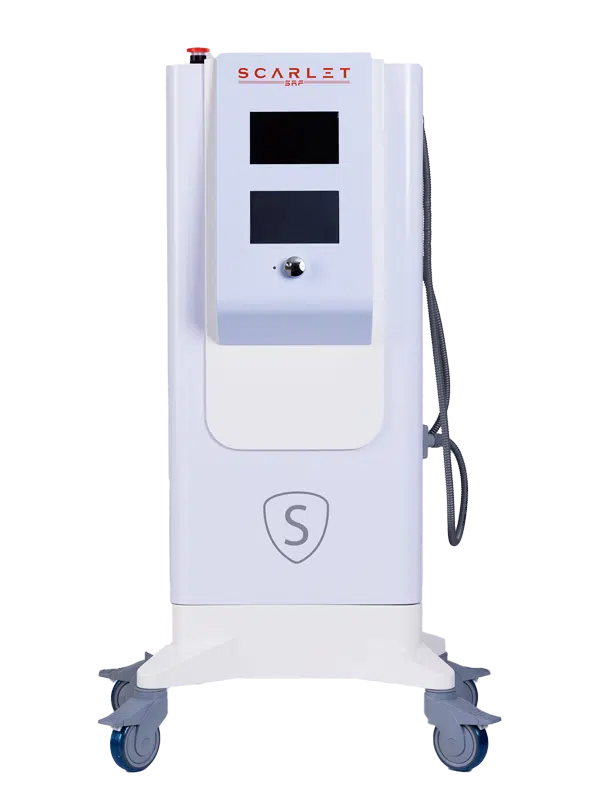 A close-up of the Scarlet SRF radiofrequency microneedling handpiece in a clinical setting