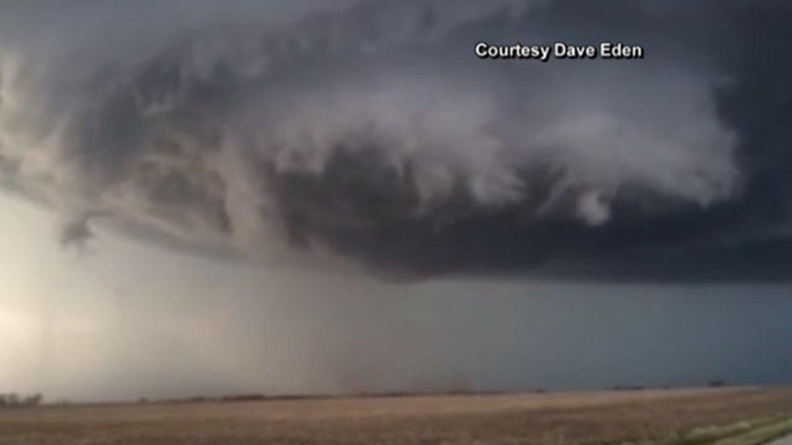 Tornado supercell storm clouds rolling over Illinois countryside