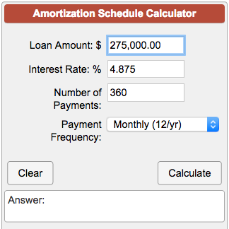 A mortgage amortization calculator showing a payment schedule