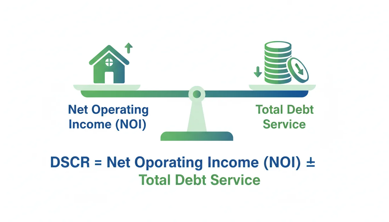 A clean infographic illustration showing the DSCR calculation formula