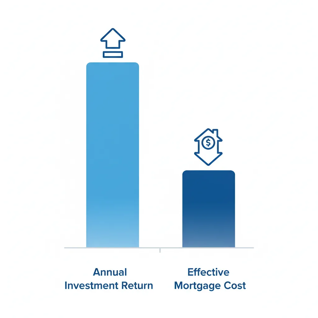 A professional minimalist bar chart comparing 'Annual Investment Return' and 'Effective Mortgage Cost'