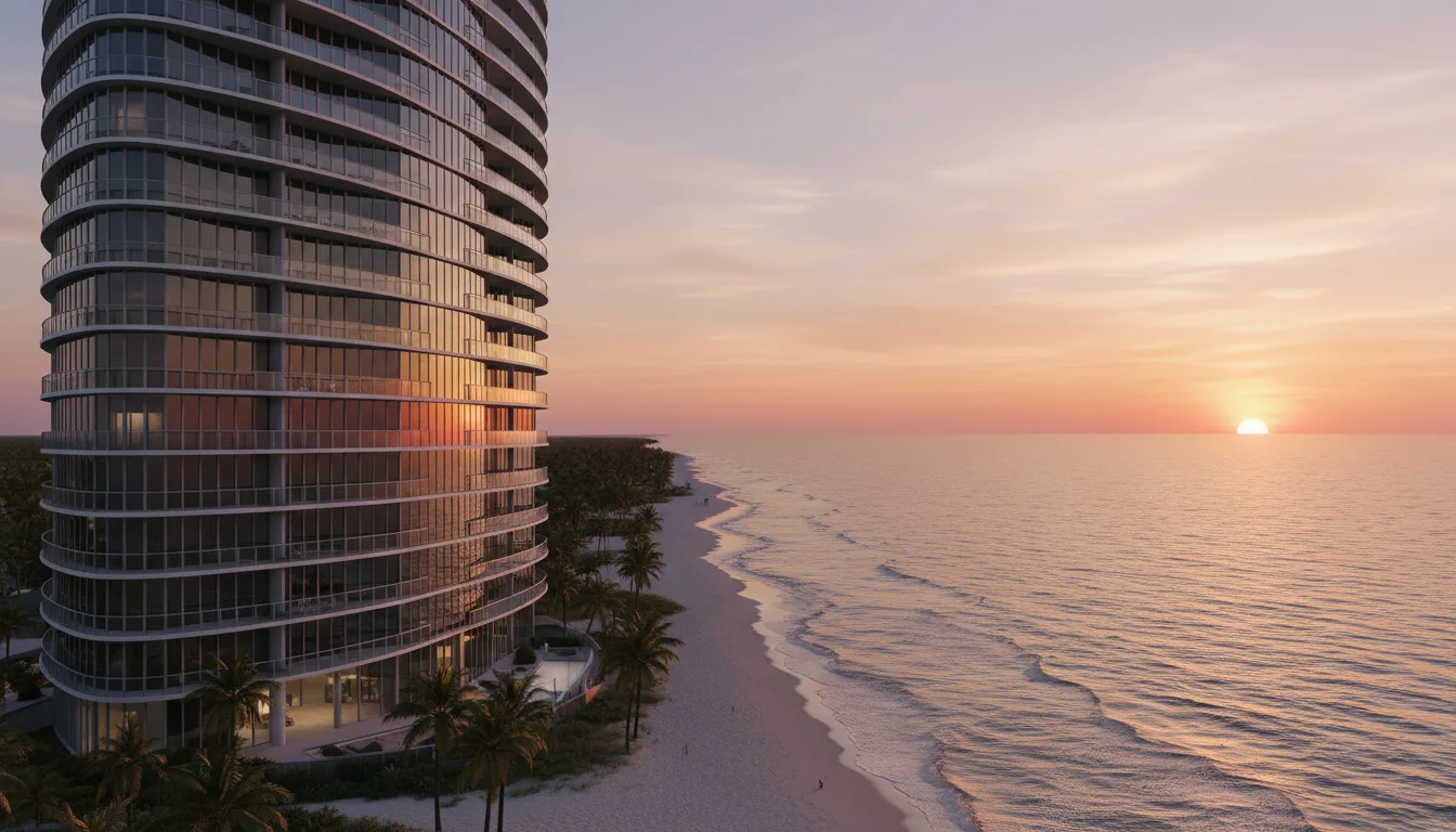 A sleek modern luxury condo building on Fifth Avenue South at sunset