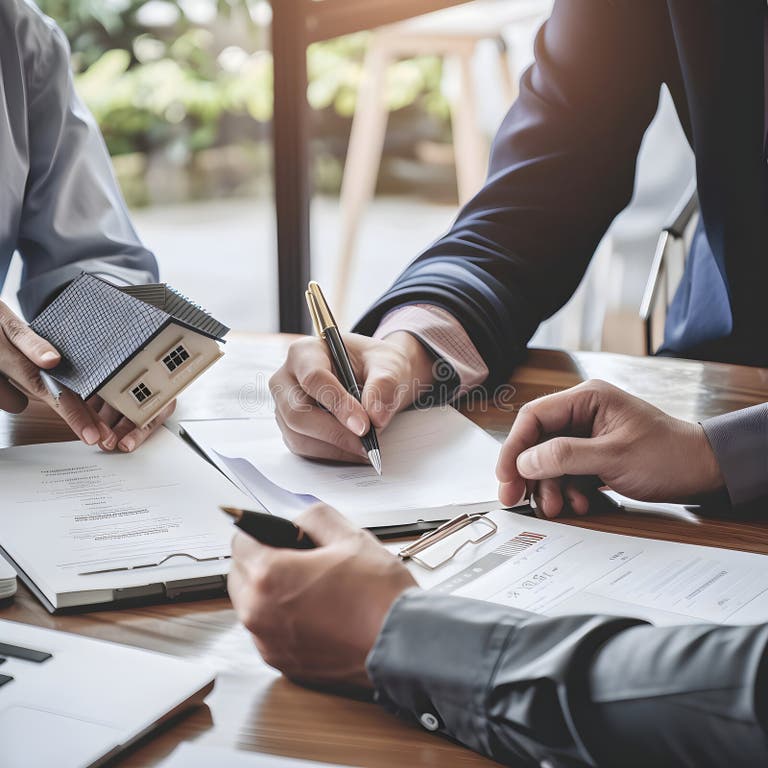 Real estate professionals in a Midtown Manhattan office closing a complex mortgage transaction
