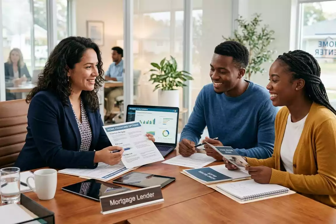 Homebuyers reviewing mortgage documents with a lender
