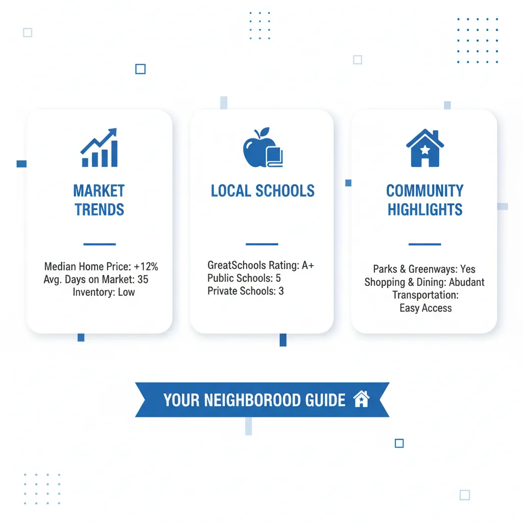 Infographic showing a professional structure for a real estate neighborhood guide with sections for trends, schools, and community highlights