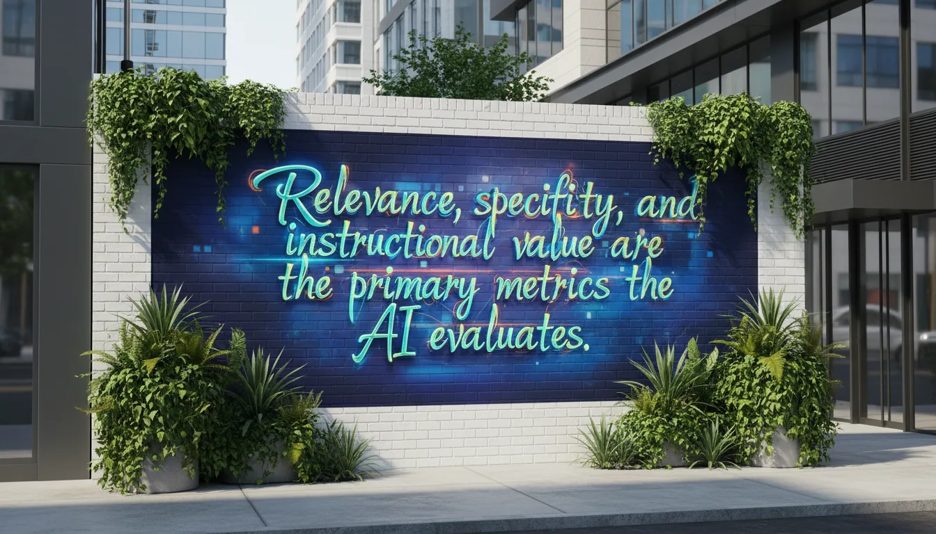 A high-quality, professional, and stylized graffiti of the quote "Relevance, specificity, and instructional value are the primary metrics the AI evaluates."